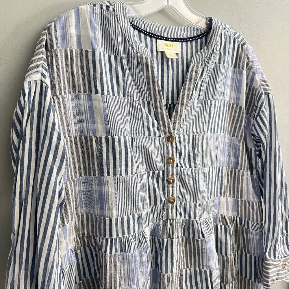Maeve Anthropologie Blue/Multi Striped Patchwork Button Shirt, Size XS - Picture 2 of 6